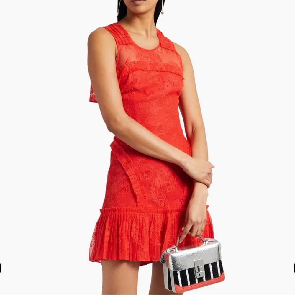ALEXIS Open-Back Pleated Chantilly Lace Mini Dress in Coral Orange XS x-small